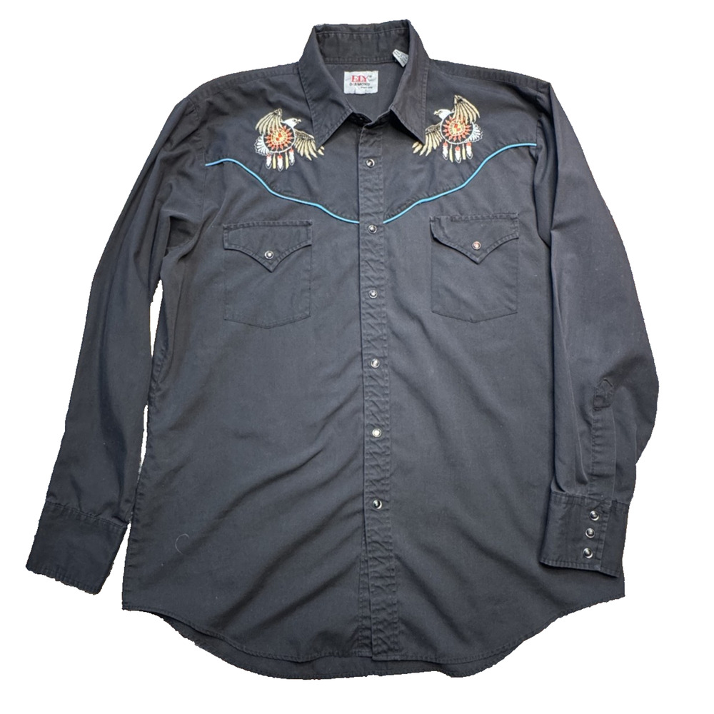 VTG Fly Diamond Western Shirt Mens L Black Embroidered Cowboy Pearl Snap READ